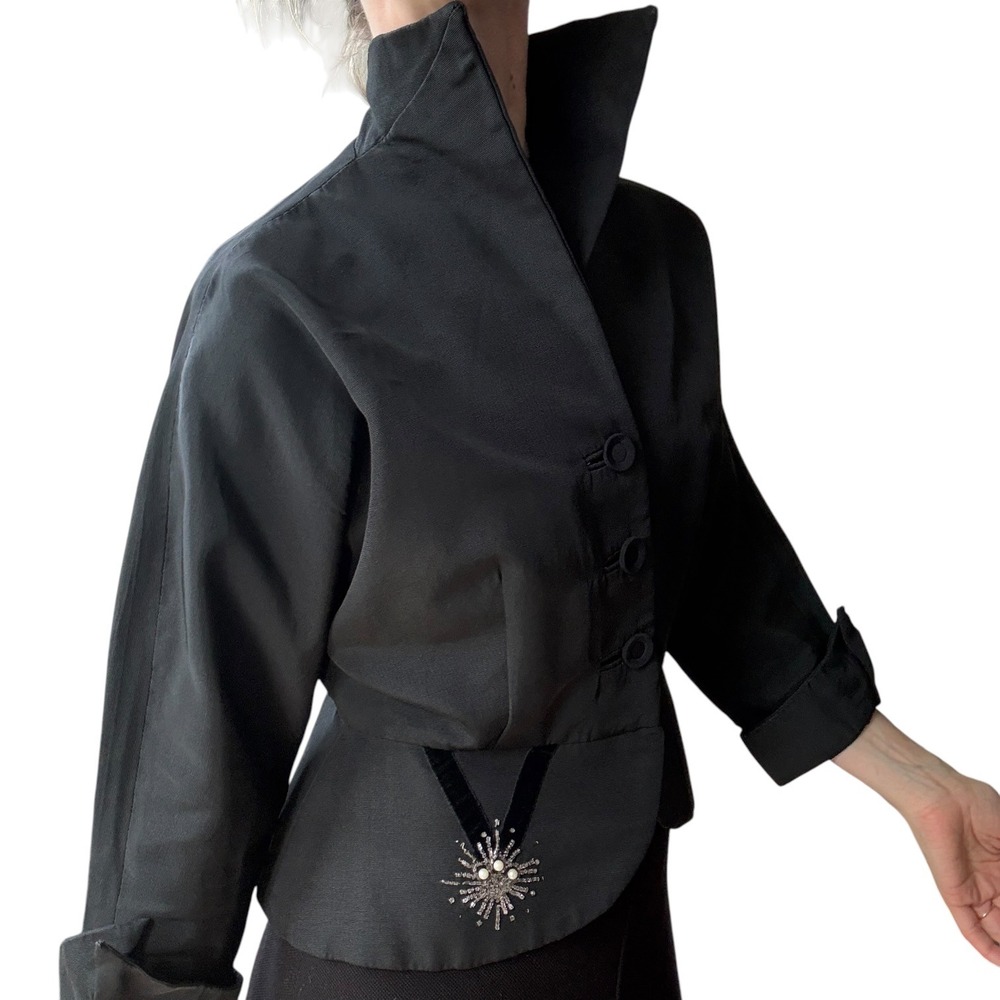 Vintage Black Peplum Blazer Cropped Beaded Sunburst Stand Collar Jacket